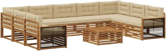 vidaXL Outdoor-Sofagarnitur aus Massivholz Akazie in L-Form mit 10-teiligem Set, Farbe Natur und Beige - Bild 1