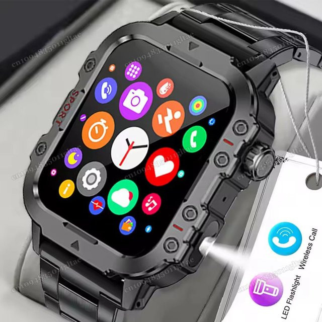 Ola Esporte HT30 Militär-Smartwatch für Männer in Schwarz mit Taschenlampe, 1,44 Zoll Display, IP68 und 5ATM Wasserdichtigkeit, Bluetooth-Anruffunktion und Fitness-Tracker - Bild 1