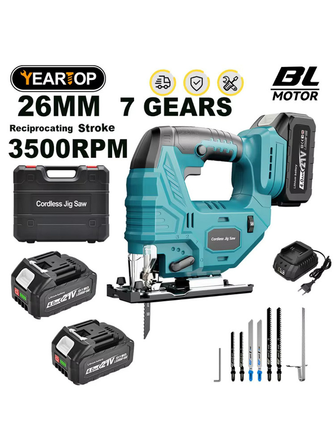 YEARTOP 7-Gang bürstenlose elektrische Stichsäge in Türkis, kabelloses Holzschneidewerkzeug kompatibel mit Makita 18 V Akku, Hubweg: 26 mm - Bild 7