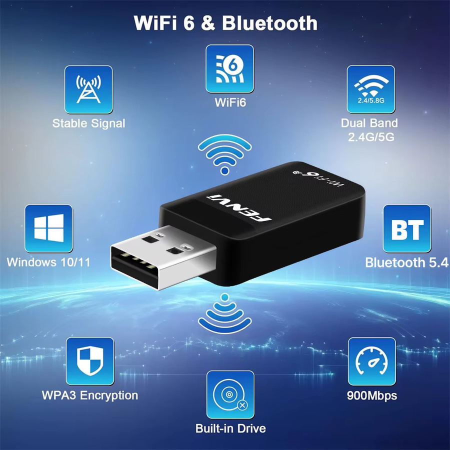 Fenvi AX900 USB-Adapter mit Bluetooth 5.4 und WiFi 6 Dual-Band Netzwerkkarte in Schwarz - Bild 4