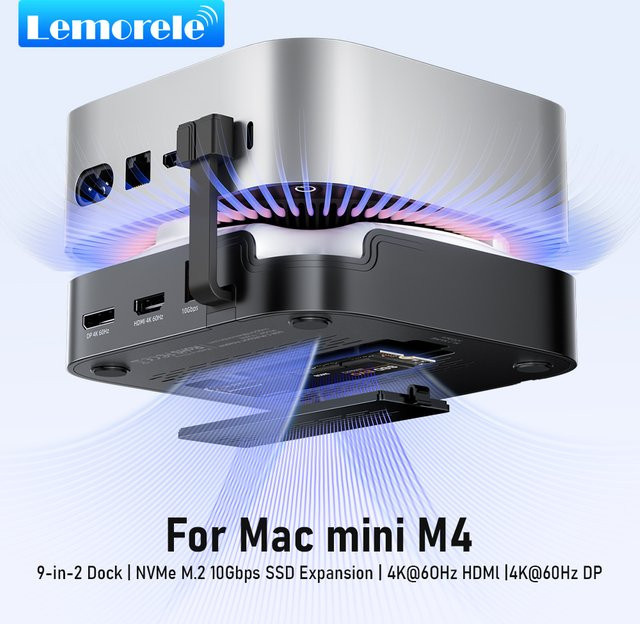Lemorele 9-Port Dockingstation für Mac Mini M4 / M4 Pro USB Hub mit HDMI und DisplayPort 4K 60Hz sowie M.2 NVMe SSD Slot und TF/SD 3.0 Slot - Bild 1
