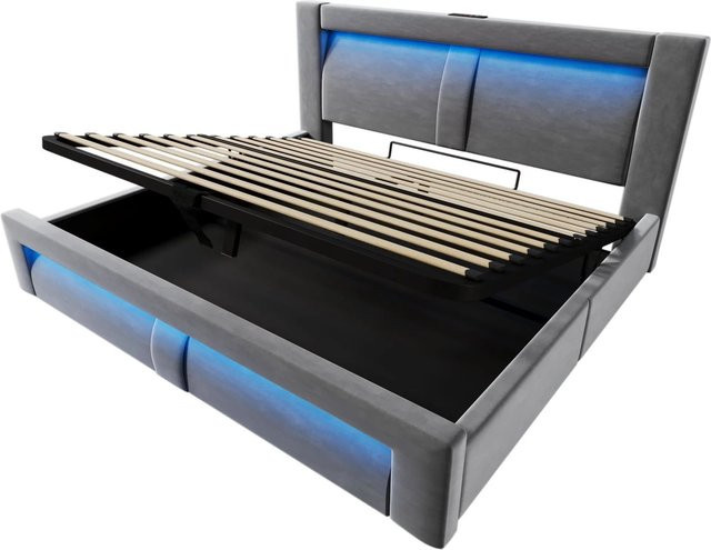okwish Einzelbett mit Matratze und LED-Beleuchtung in Grau, B/T/H: 140 x 200 x 143 cm - Bild 1