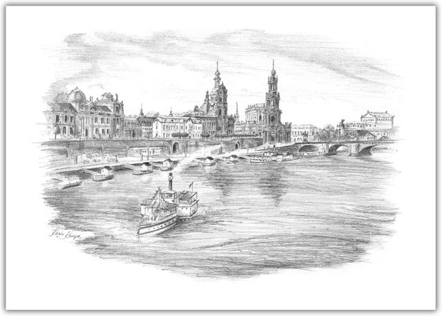 Panorama Dresden Stadtansicht Grafik von tantum graphic in Mehrfarbig auf Papier, Rechteckig - Bild 1