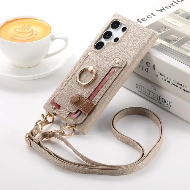 Samsung Umhängetasche mit Kartenhalter und Ring Cover für Galaxy S22 S23 S24 S25 S26 Ultra sowie A-Serie in Beige - Bild 1