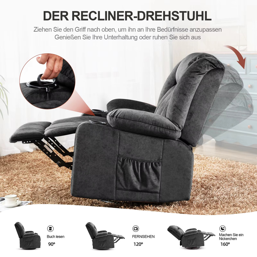 COMHOMA Relaxsessel mit einziehbarer Fußstütze und 2 Getränkehaltern, verstellbare Rückenlehne 90°-160°, Lounge-Sessel aus Stoff in Schwarz oder Grau - Bild 6