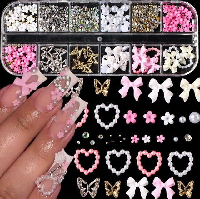 12-Gitter-Set 3D-Nagelkunst-Charms, mehrfarbig, Schmetterling, Blumen, Schleife, Strass - Bild 1