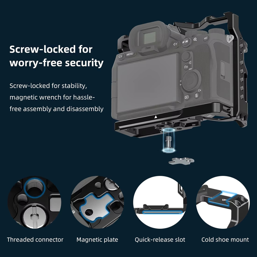 PULUZ Metall Kamera Käfig Stabilisator Rig aus Aluminium Legierung für Sony A7 IV ILCE-7M4 A7M4 A7M3 A7R3 A7R III A7R5 in Schwarz - Bild 3