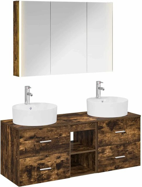 vidaXL Badezimmermöbel-Set 4-teilig aus Eiche in Braun mit LED-Beleuchtung und Spiegelschrank, modern und wandmontiert - Bild 1