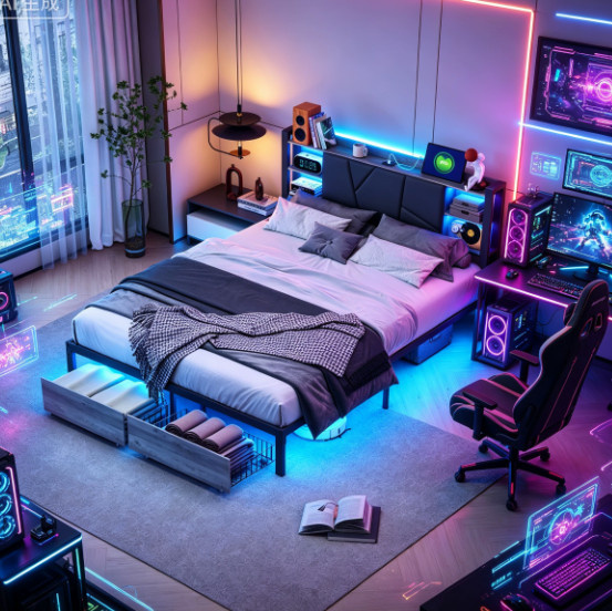 Modernes Polsterbett in Rosa mit LED-Beleuchtung, USB-Anschluss und 2 Schubladen, B/T/H: 160 x 200 cm - Bild 1