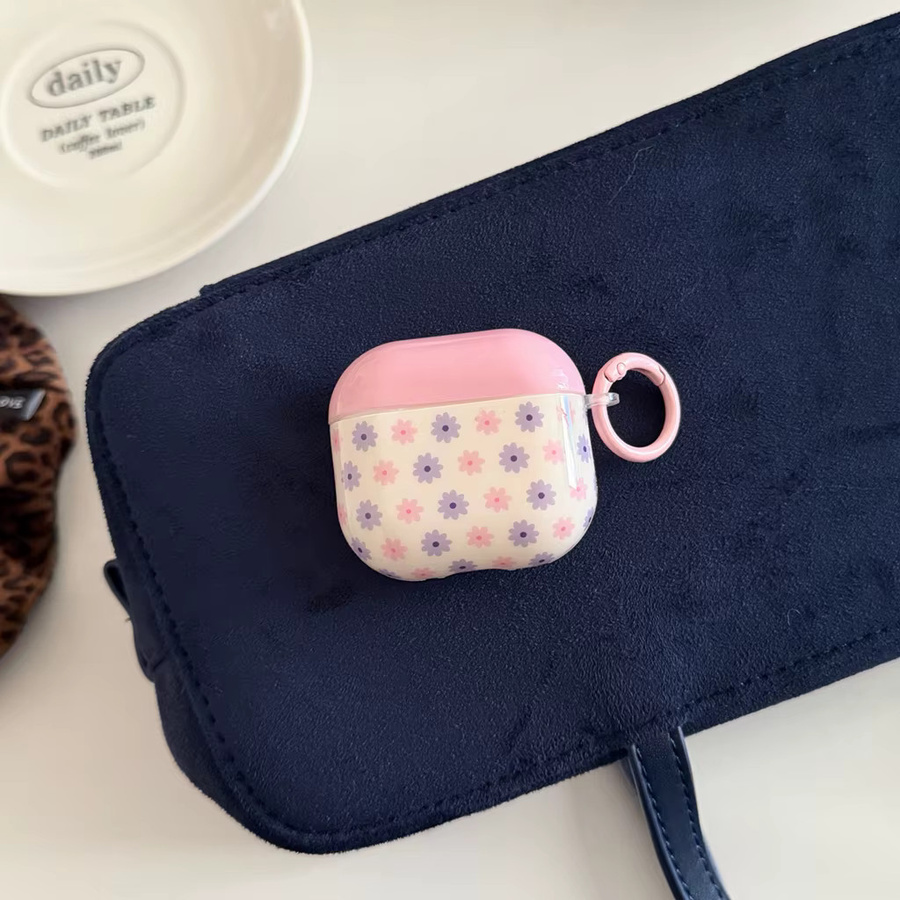 Stoßfeste Schutzhülle für Apple AirPods 1, 2, 3, 4, Pro 2 und Pro 3 mit Blumenmuster in Rosa und Lila inklusive Haken - Bild 2