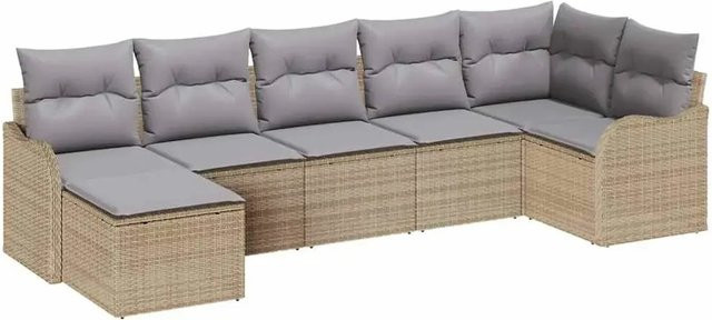 7-teiliges vidaXL Garten-Sofa-Set in L-Form aus Poly Rattan und Stahl mit Kissen in Beige und Hellgrau - Bild 1