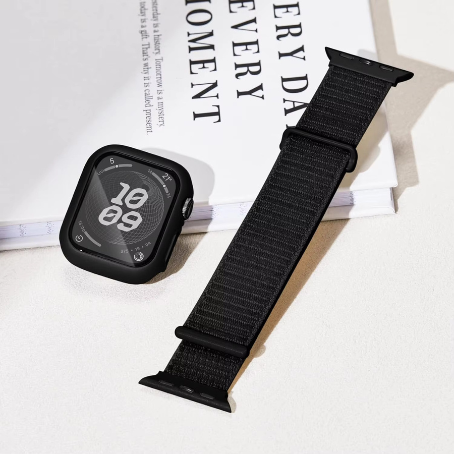 Samusak Uhrenarmband und Schutzhülle für Apple Watch, atmungsaktives Nylonarmband mit Gehäuse, Schwarz, Unisex - Bild 1
