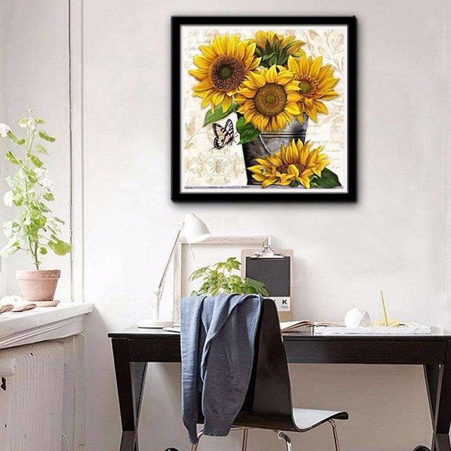 FIYO 5D DIY Diamantmalerei Sonnenblumen Kreuzstich mit Strass in Gelb und Schwarz, Breite: 30 cm, Höhe: 30 cm - Bild 1