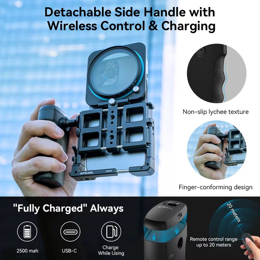 APEXEL Universal Metal Phone Rig Video Kit Handheld Smartphone Vlog Cage in Schwarz mit wiederaufladbarem Verschluss - Bild 3