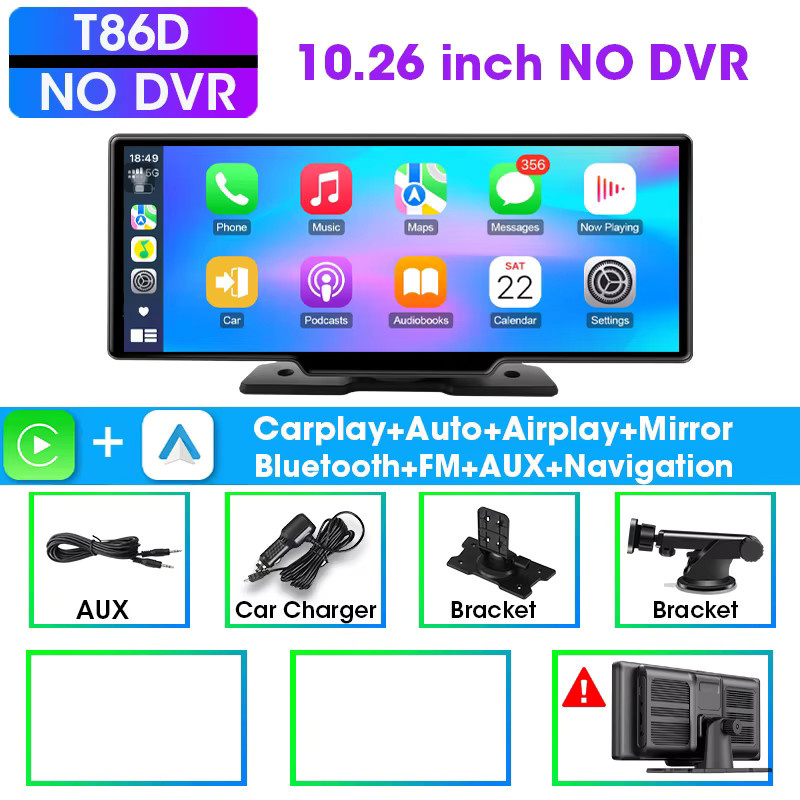 srnubi 10,26 Zoll Carplay Bildschirm für dein Auto mit kabellosem CarPlay und Android Auto, universeller Multimedia-Video-Player in Schwarz mit Bluetooth, AUX und FM - Bild 7
