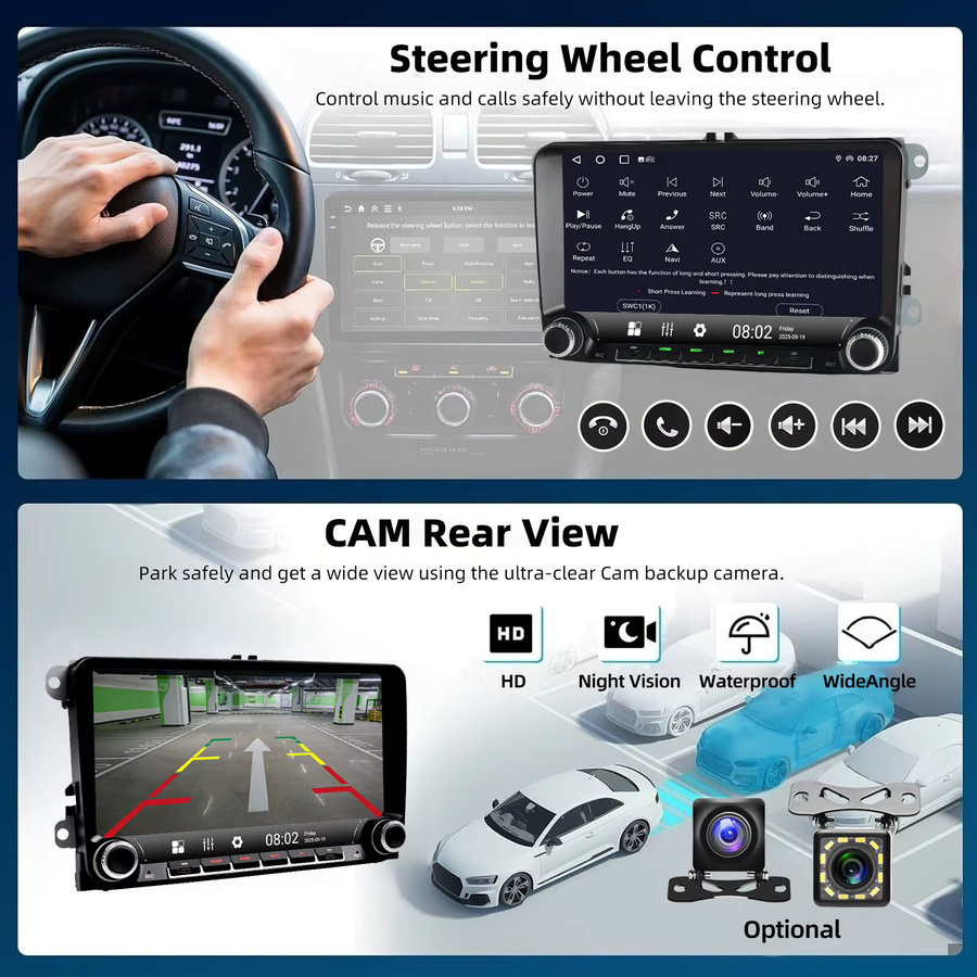 Essgoo Android 15 Autoradio mit 9 Zoll Display, 4GB RAM, 64GB Speicher, kabelloses CarPlay, Android Auto, GPS, Bluetooth und WLAN für Skoda Seat VW Passat Golf Polo Tiguan Touran Jetta, Schwarz - Bild 3
