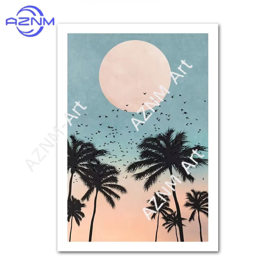 AZNM Leinwandgemälde Strandpalmen und Vögel im Mondlicht in Blau im nordischen Stil als Wandkunst für dein Wohnzimmer - Bild 2