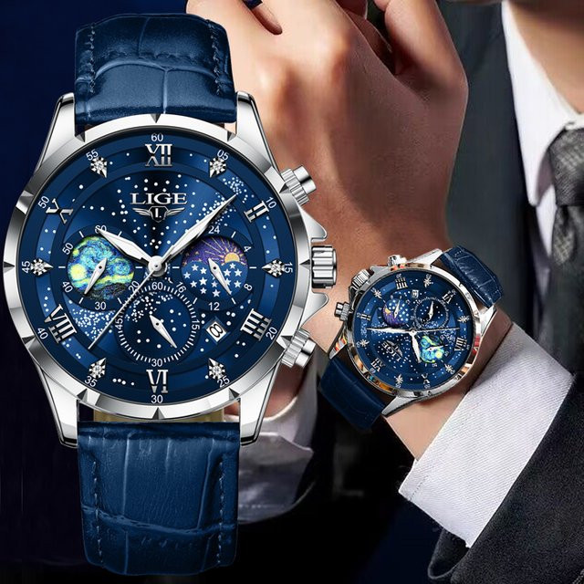 Lige Armbanduhr Quarz, Leder, Edelstahl, Blau, Herren - Bild 1