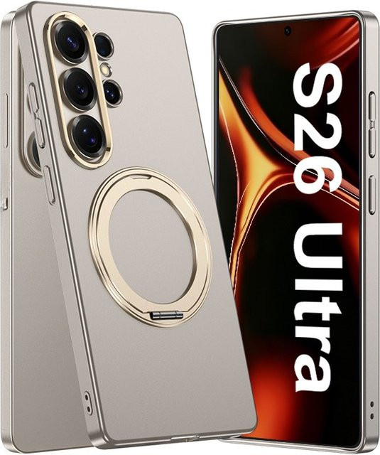Lederbeschichtete Stoßfeste Schutzhülle für Samsung Galaxy S26 Ultra mit Rotierendem Halter und Magnetischer Kabelloser Ladefunktion in Silber - Bild 1