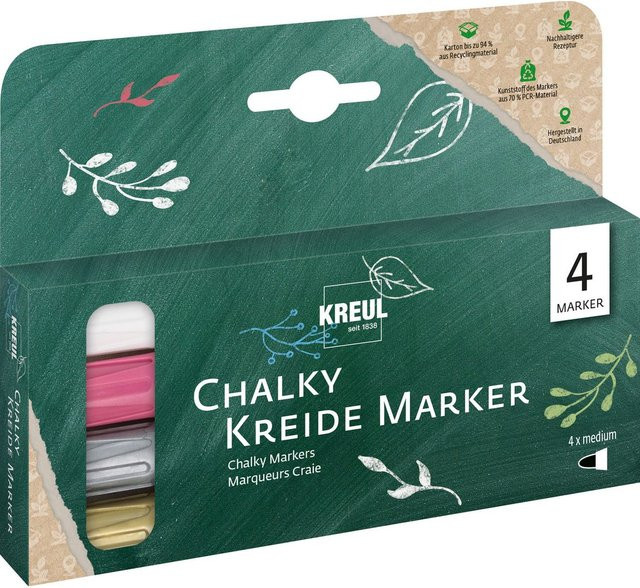 KREUL Chalky Kreidemarker Shiny Set mit 4 Farben in Multicolor: Golden Glow, Snow White, Cozy Red und Silver Show - Bild 1