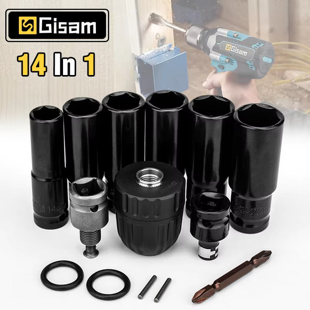 Gisam 14-teiliges elektrisches Schlagschrauber-Sechskant-Adapter-Set mit Bit-Halter in Schwarz - Bild 1