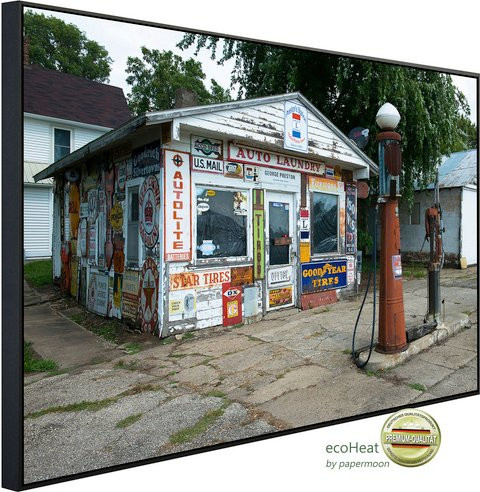 papermoon EcoHeat Infrarotheizung Alte Vintage Retro Tankstelle mit Matt-Effekt in Bunt, App-Steuerung und Überhitzungsschutz - Bild 1