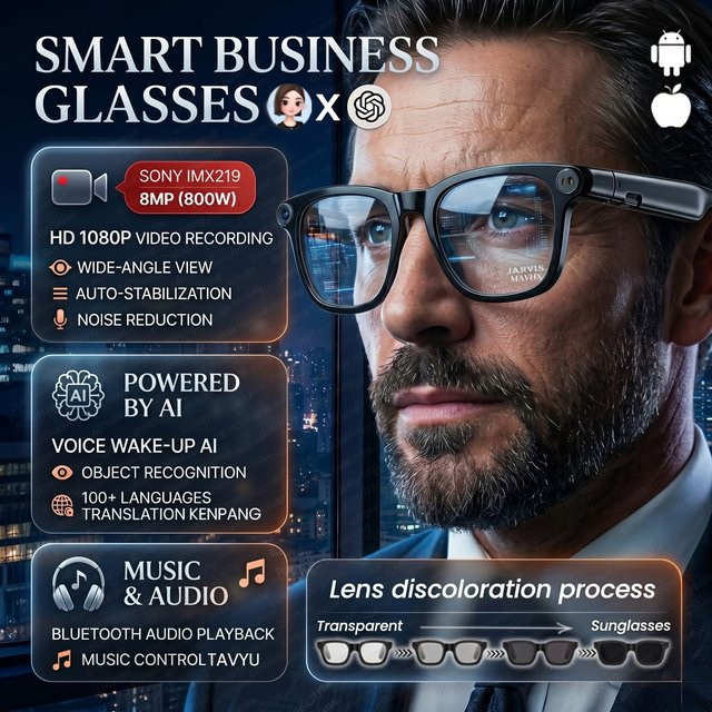 GUHUAVMI Smart-Brille 2026 in Schwarz mit 4K HD Display, 800-Pixel-Kamera, 1080P-Videoaufnahme, KI-Assistent und Echtzeit-Übersetzung in über 100 Sprachen - Bild 1