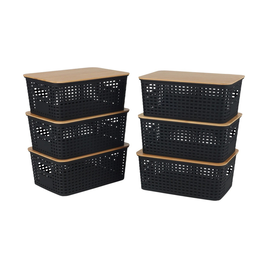 Relaxdays Aufbewahrungsbox aus Kunststoff und Bambus in Schwarz, 6er-Pack mit Bambusdeckel, B/T/H: 25,5 x 10,5 x 18 cm - Bild 2