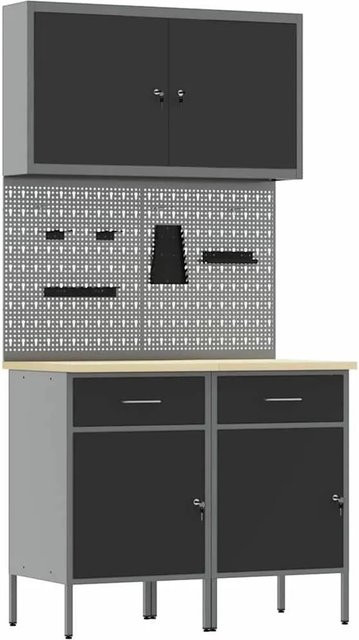vidaXL Werkbank mit Schubladen und Pegboard aus Holz und Stahl, Schwarz, B/T/H: 200 x 55 x 100 cm - Bild 1