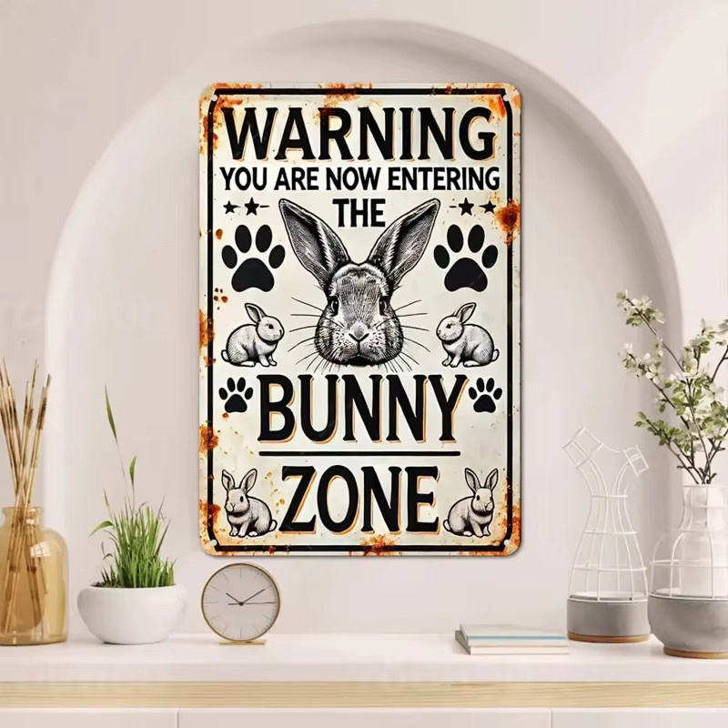 Vintage Bunny Zone Metall-Wanddekorschild mit Kaninchen und Pfotenabdrücken aus Aluminium für Ostern und Frühling - Bild 4