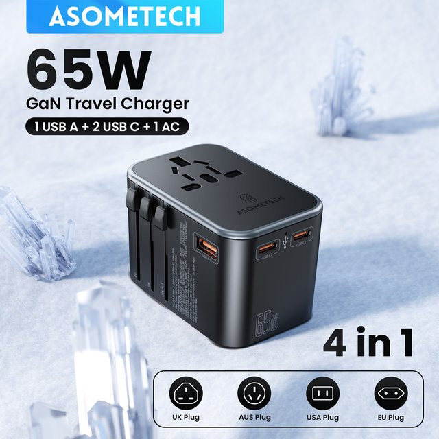 ASOMETECH 65 W GaN Internationaler Reiseadapter mit PD3.0 QC3.0 PPS und 3 USB Anschlüssen in Schwarz - Bild 1