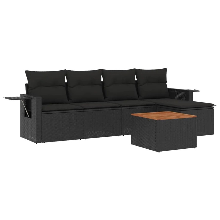 vidaXL 6-teilige Garten-Sofagarnitur aus Polyrattan und Akazienholz in Schwarz mit Kissen - Bild 2