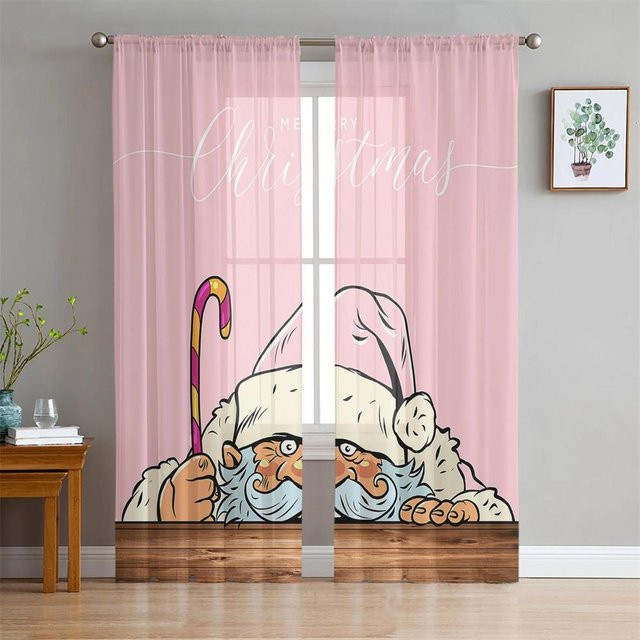 Yiran Furniture Weihnachtsmann Fenstervorhänge aus transparentem Tüll in Rot und Rosa, 2er-Set, Breite: 65 cm, Höhe: 60 cm - Bild 1