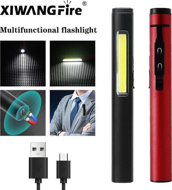 XIWANGFIRE Tragbare LED-Taschenlampe aus Aluminiumlegierung mit COB-Flutlicht, XPE-Fernlicht, Stiftclip, Magnet und wiederaufladbarem Akku - Bild 1