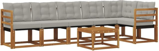 vidaXL Outdoor-Sofagarnitur 7-teilig aus Akazienholz mit Textilene und Kissen in Hellgrau und Natur - Bild 1