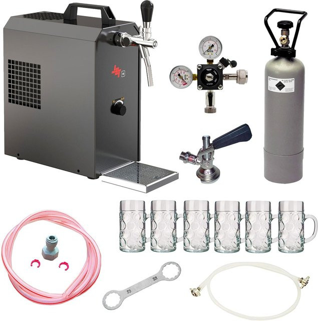 ich-zapfe Zapfanlage JET 30 Bierkoffer Set in Silber aus Edelstahl mit 1-leitigem Durchlaufkühler, Trockenkühler bis 35 Liter/h, 6 ISAR Biergläser à 0,3 Liter und 5 Liter Adapter - Bild 1