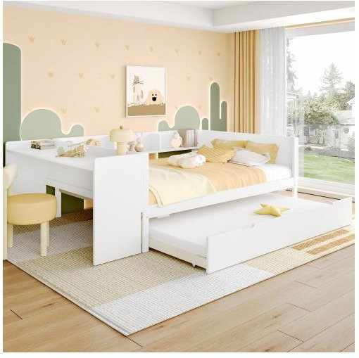 MUVOE Wandklappbett aus Massivholz mit integriertem Schreibtisch und Regalen, Farbe Weiß, B/T/H: 140 x 200 cm - Bild 1