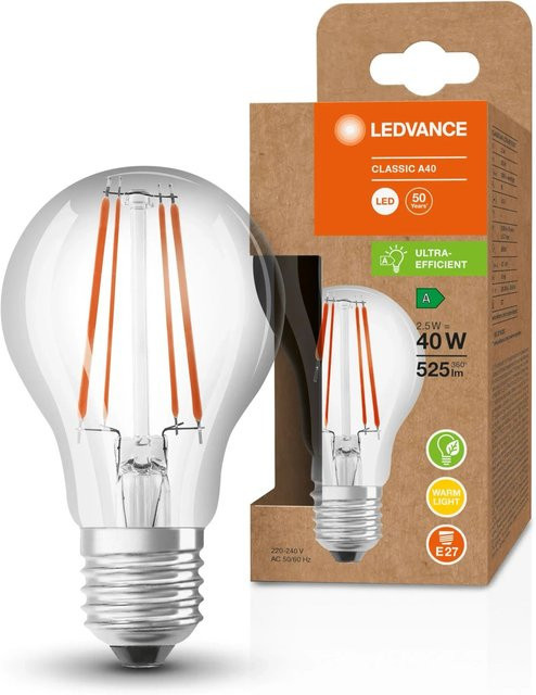 LEDVANCE LED-Leuchtmittel E27 Glühlampenform in transparentem Glas, 2,5 W, 525 lm, warmweiß, H x Ø: 10,5 x 6 cm - Bild 1