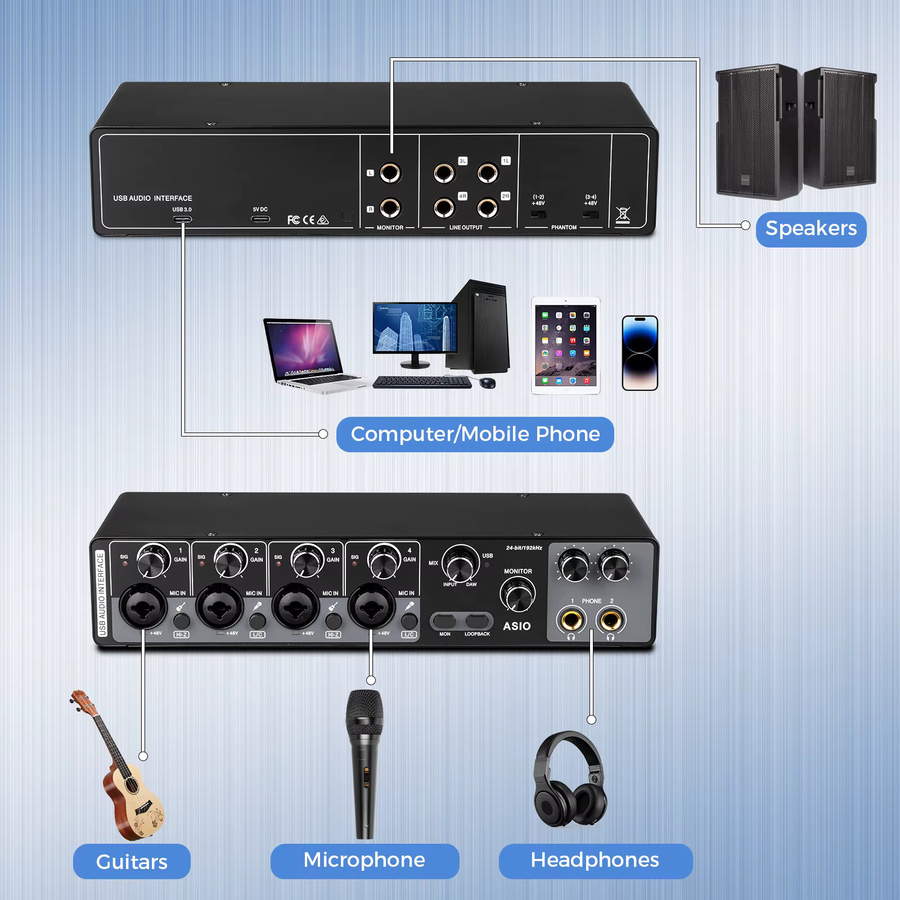 Depusheng MQ44 Professionelles 4-Kanal-Audio-Interface in Schwarz mit integriertem ASIO-Treiber und hoher Impedanz für Studio und Live-Auftritte - Bild 4