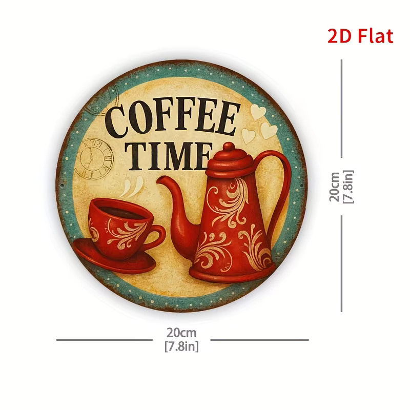 Potdemiel Vintage Coffee Time Metallschild, runde Aluminium-Wanddekoration im rustikalen Design, Durchmesser: 20,32 cm, Mehrfarbig - Bild 4