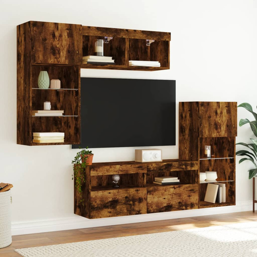 vidaXL 5-teiliges TV-Möbelset mit LED-Beleuchtung in Räuchereiche, modern und wandmontiert - Bild 6