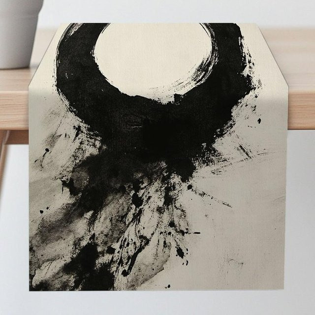 Tischläufer JINGYUE Pet in Weiß mit abstraktem Tuschemalerei-Design im Zen-Stil, B/H: 40 x 140 cm - Bild 1