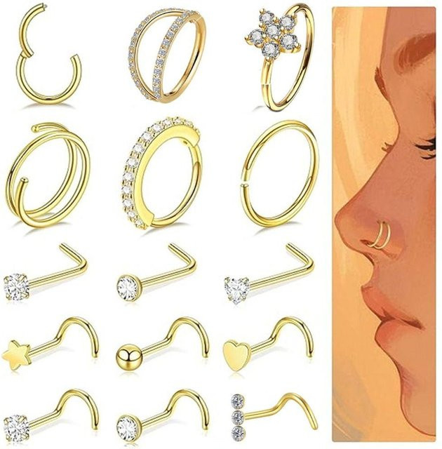 seeonova Nasenringe Doppel-Nasenringe, Edelstahl, Gold, Unisex - Bild 1