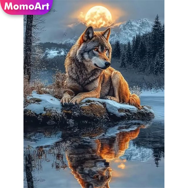 Momoart 5D-Diamantgemälde Wolf und Mond Bastelset, Mehrfarbig, B/H: 30 x 20 cm - Bild 1
