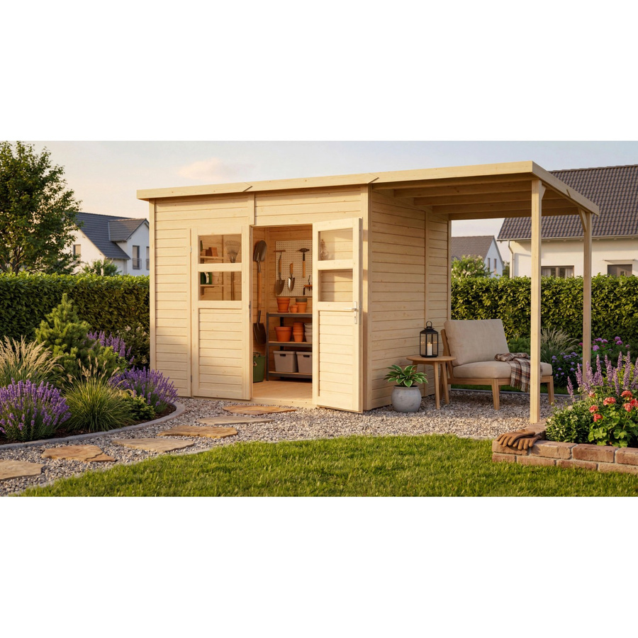 Bertilo Holz-Gartenhaus Felix 3 PLUS XL in Natural mit Flachdach und Boden - Bild 2