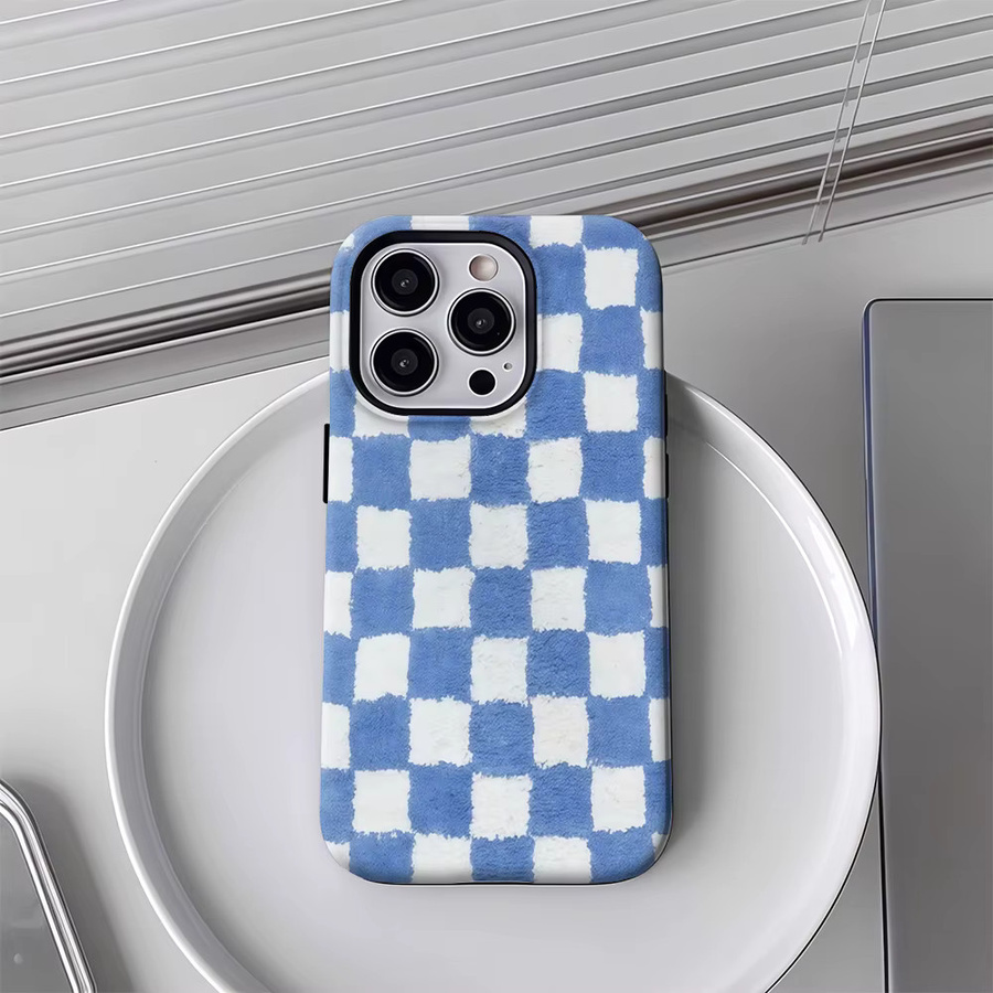 Potdemiel Plüsch-Handyhülle im Schachbrett-Design für iPhone 17 16 15 14 Pro Max Plus, Blau-Weiß, magnetisch mit Einzel- und Doppelschicht-Schutz - Bild 4