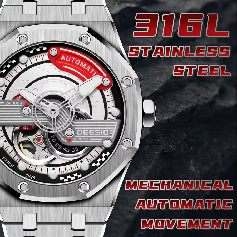DEESIO Herren Armbanduhr, Automatik, Edelstahl, Silber, Leuchtzeiger - Bild 3