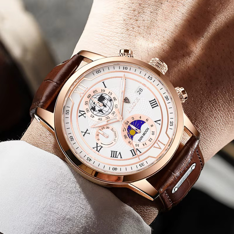 LIGE Armbanduhr Chronograph, Quarz, Edelstahl, Leder, Herren - Bild 6