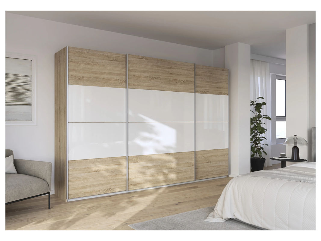 RAUCH ORANGE Quadra Schwebetürenschrank mit Glaselementen, Korpus Eiche und Glas Weiß, B/H: 315 x 210 cm - Bild 2
