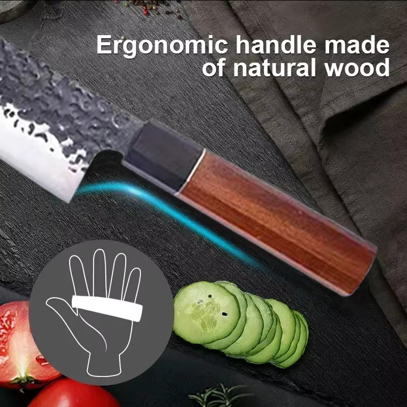 WXCOO Multifunktionales Handgeschmiedetes Küchenmesser mit Holzgriff und Scheide, Silber - Bild 3